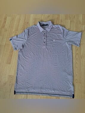 RLX Ralph Lauren Mens Striped Polo Shirt Pink/Brown XL Stretch Short Sleeve Golf